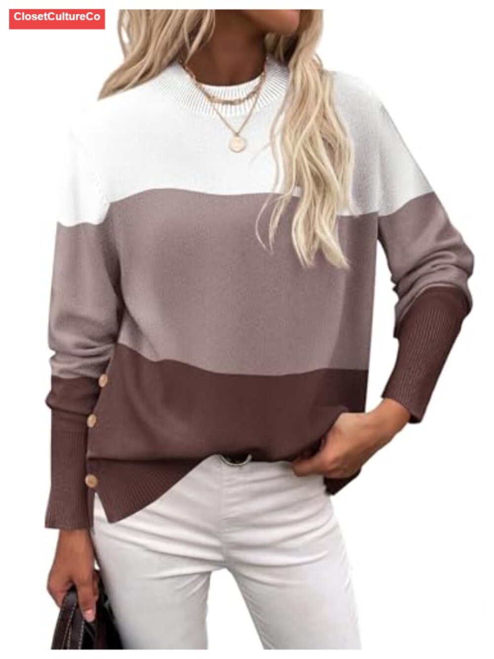 Women's Loose Knit Sweater Side Button Crewneck Pullover Tunic